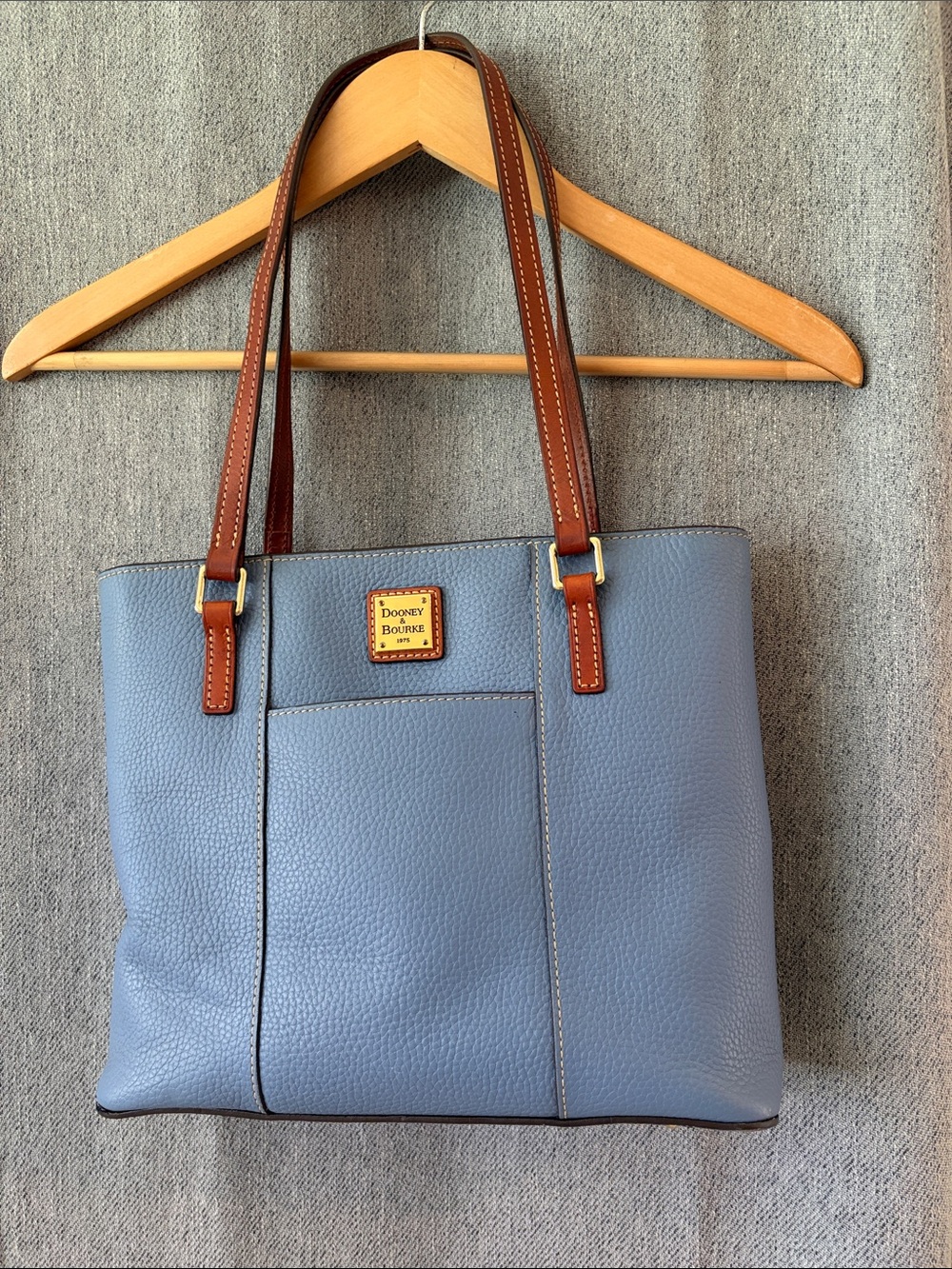 Dooney & Bourke Light Blue Pebbled Leather Tote with Brown Straps